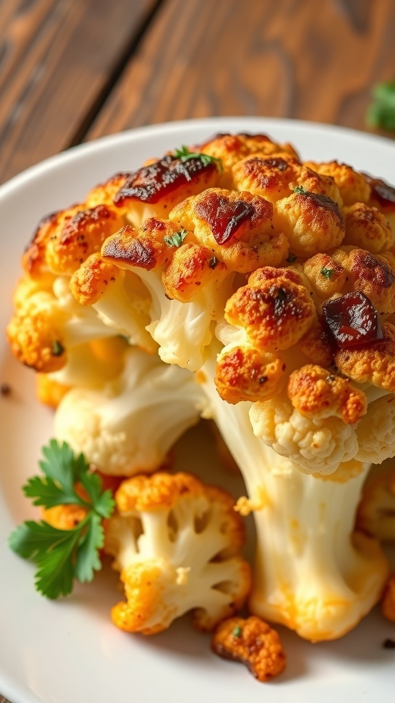 Golden roasted cauliflower florets garnished with parsley on a white plate.